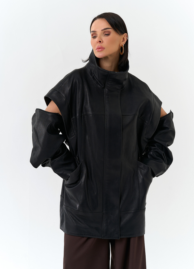 Женская куртка из натуральной кожи со съемными рукавами модель № 32873 меха малина