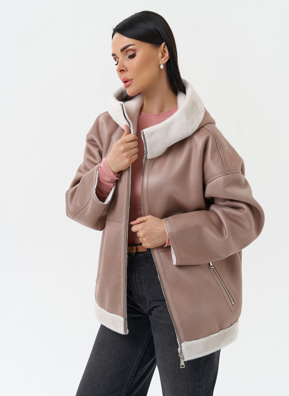 Женская дубленка из эко замши с капюшоном