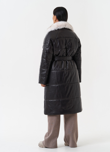 Пуховик из эко кожи с английским воротником