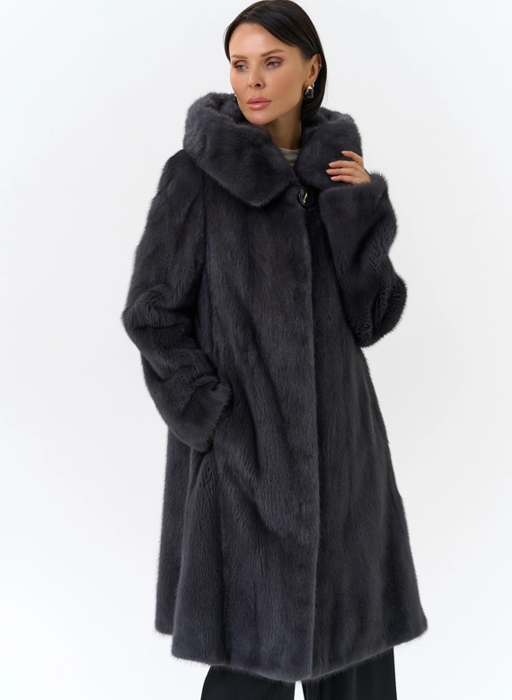 Норковая шуба годе/балетка в роспуск с капюшоном цвета графит