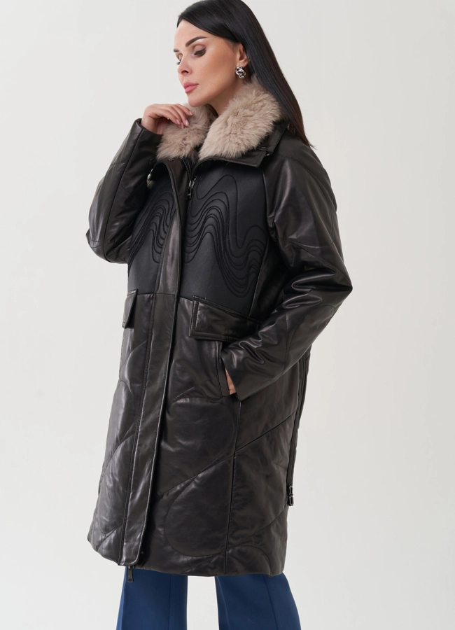 Пуховик из натуральной кожи с отделкой из меха песца модель № 25376 универмаг малина