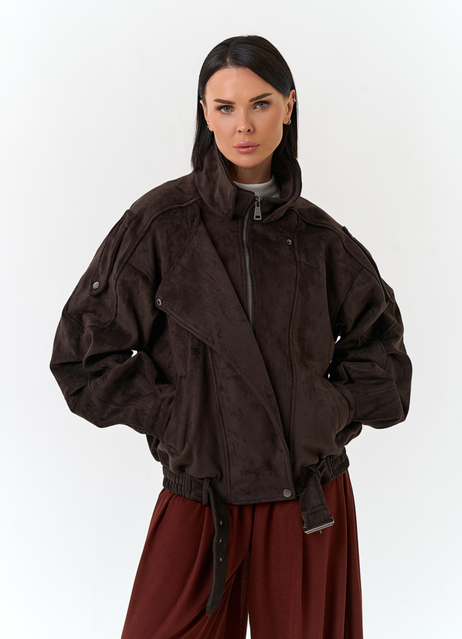 Женская куртка из эко замши модель № 33033 меха малина