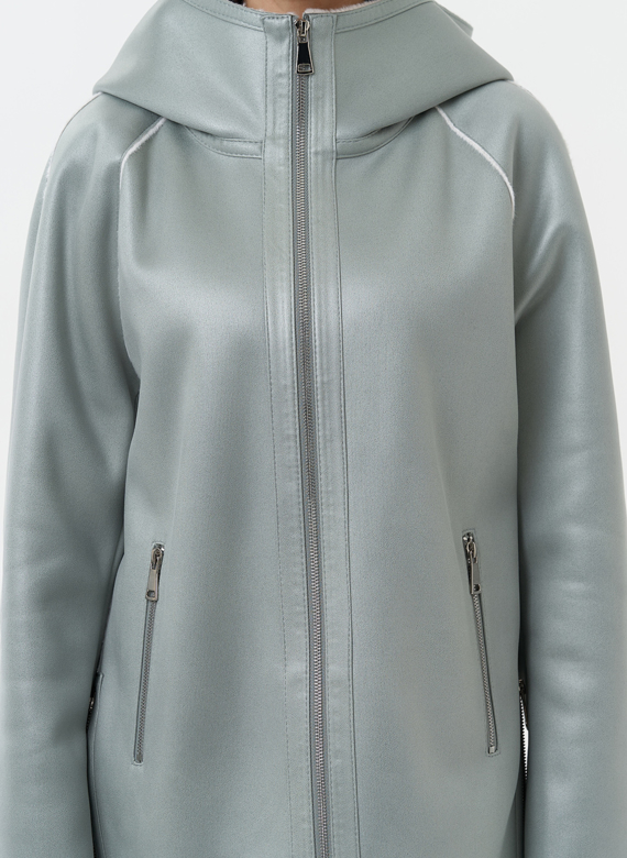 Женская дубленка из эко замши с капюшоном