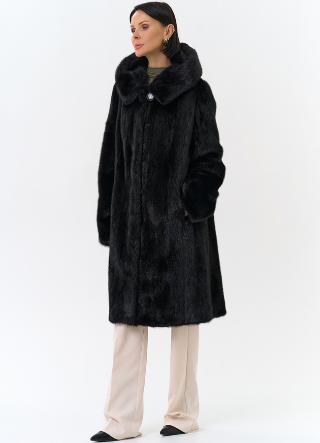 Черная норковая шуба с капюшоном модель № 26158 универмаг малина