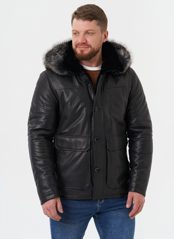 Пуховик из натуральной кожи с мехом енота