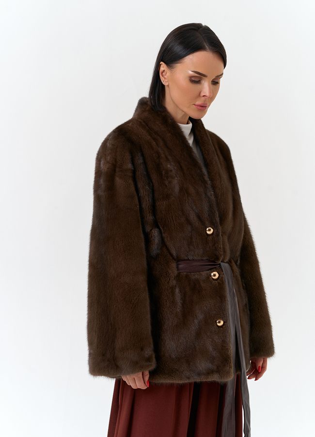 Шуба из меха норки с поясом модель № 32498 универмаг малина