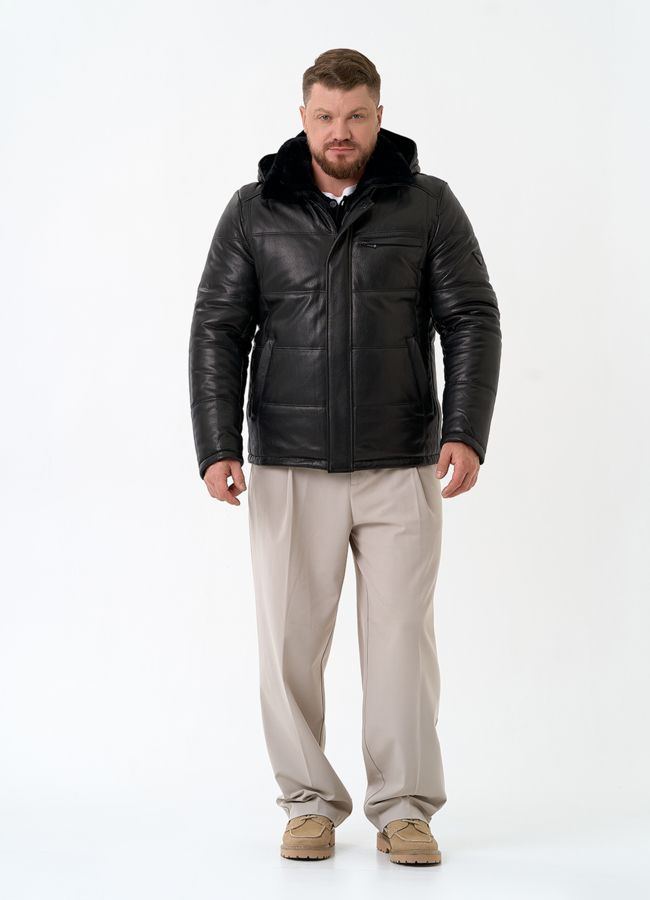 Мужской пуховик из натуральной кожи с капюшоном модель № 32048 в рассрочку