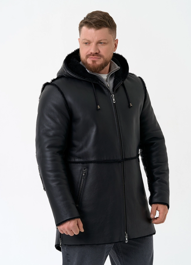 Мужская натуральная дубленка с капюшоном модель № 32060 универмаг малина