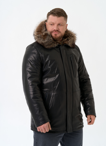 Мужская натуральная дубленка на волке с отделкой из меха енота