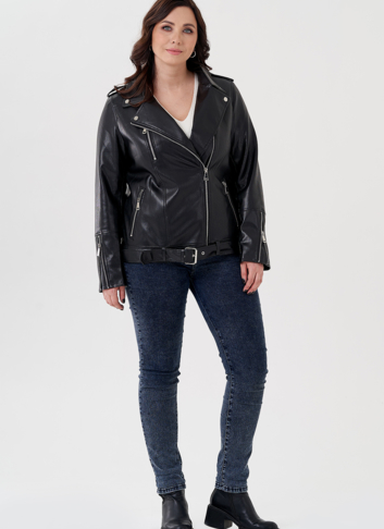 Удлиненная куртка косуха в черном цвете с ремнем