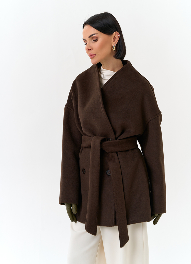 Женское укороченное пальто с поясом модель № 32817 универмаг малина