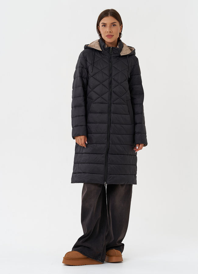 Стеганый пуховик с капюшоном модель № 28293 меха малина