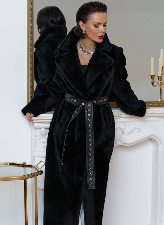 Женская натуральная дубленка с двойным поясом
