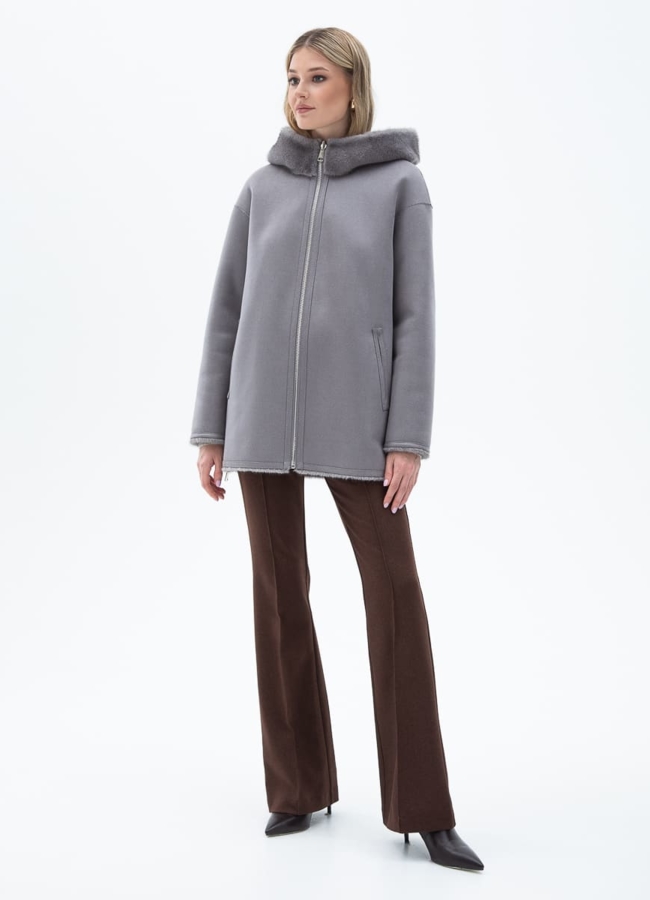 Женская двухсторонняя дубленка из эко кожи с капюшоном модель № 32029 в кредит