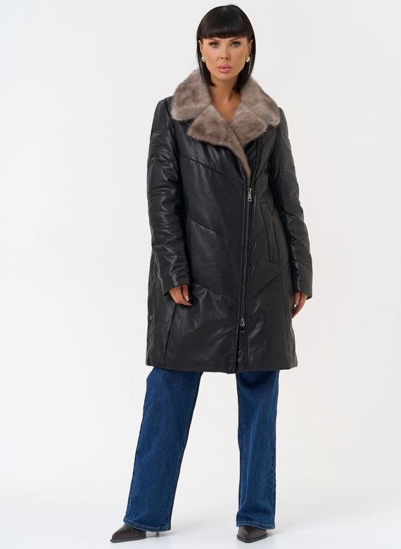 Пуховик из натуральной кожи с воротником из меха норки