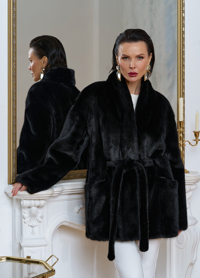 Шуба из меха норки с поясом модель № 31646 меха малина