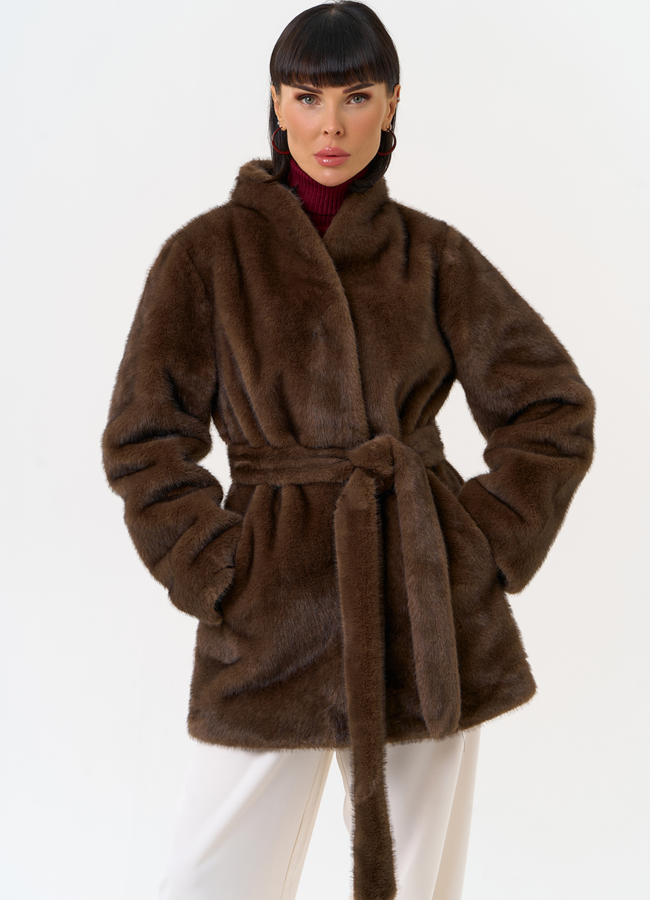 Женская шуба из эко меха с поясом модель № 31252 меха малина