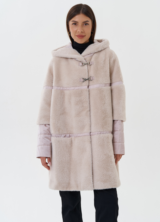 Комбинированное пальто из эко меха с капюшоном модель № 27652 меха малина