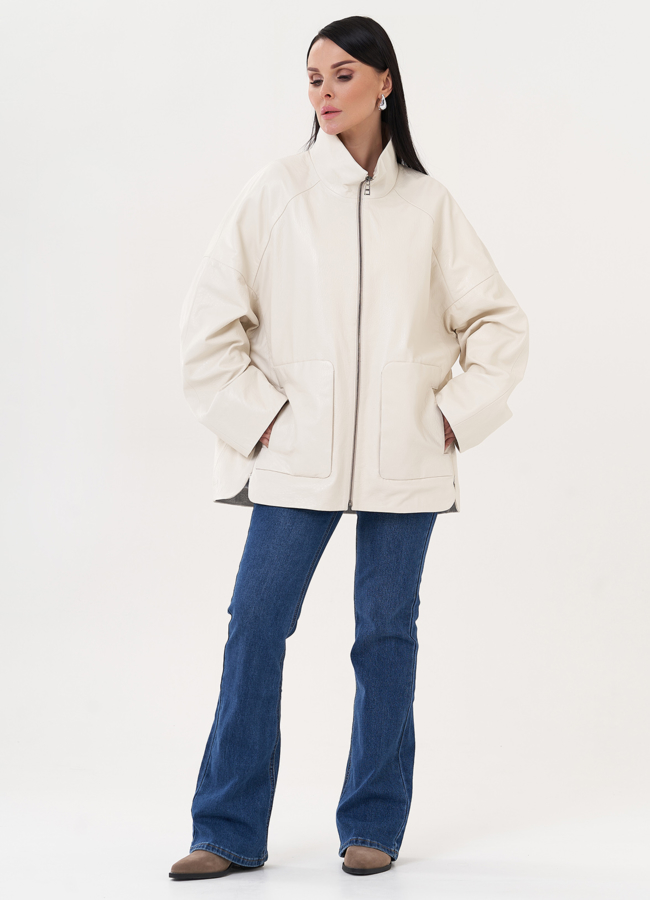 фото Удлиненная куртка из натуральной кожи белого цвета модель № 27139