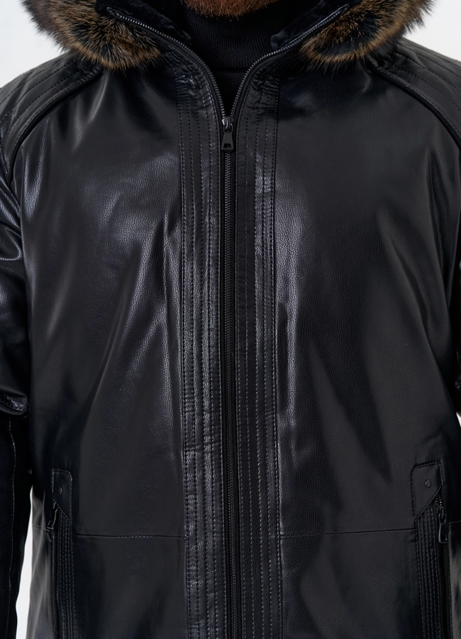 Пуховик из эко кожи с капюшоном из меха енота модель № 31719 универмаг малина