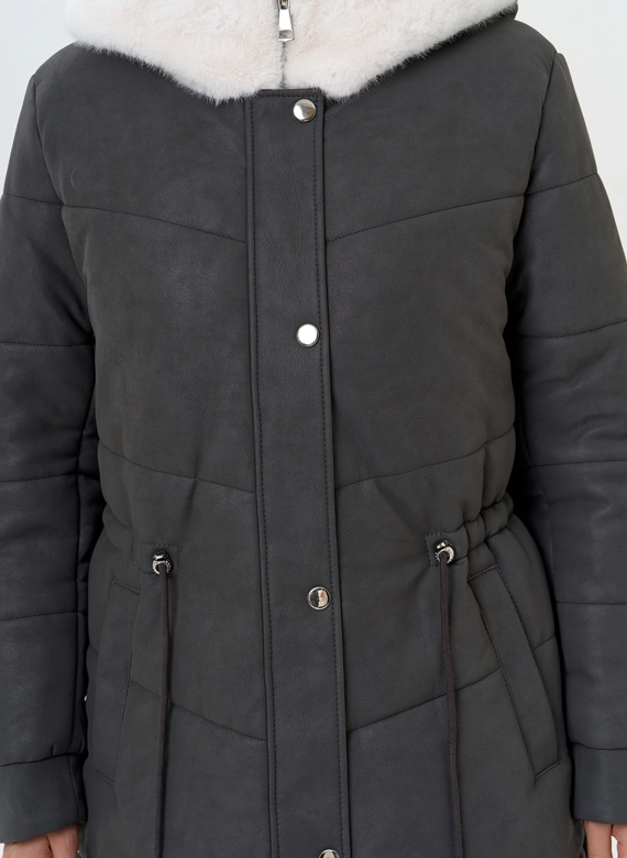 Женское пальто из эко кожи с капюшоном фото