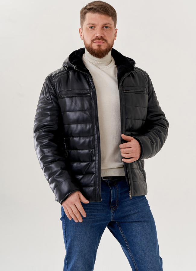 фото Мужская куртка из эко кожи с капюшоном  модель № 79604