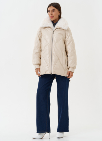 Пуховик из эко кожи с воротником из эко меха