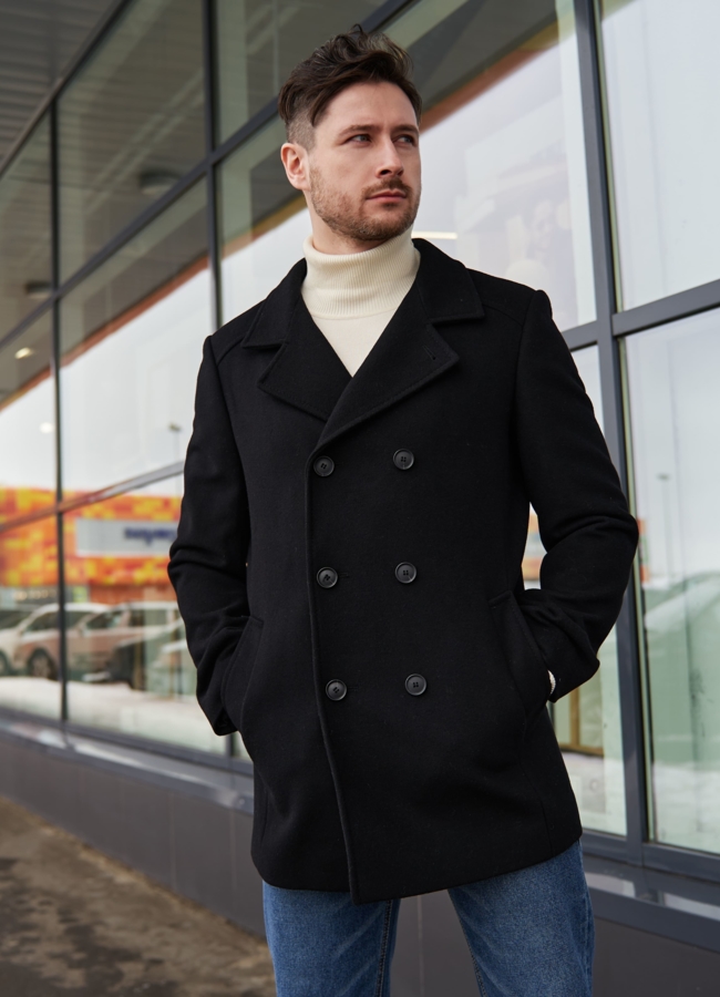 Мужское пальто черного цвета  модель № 23217 универмаг малина
