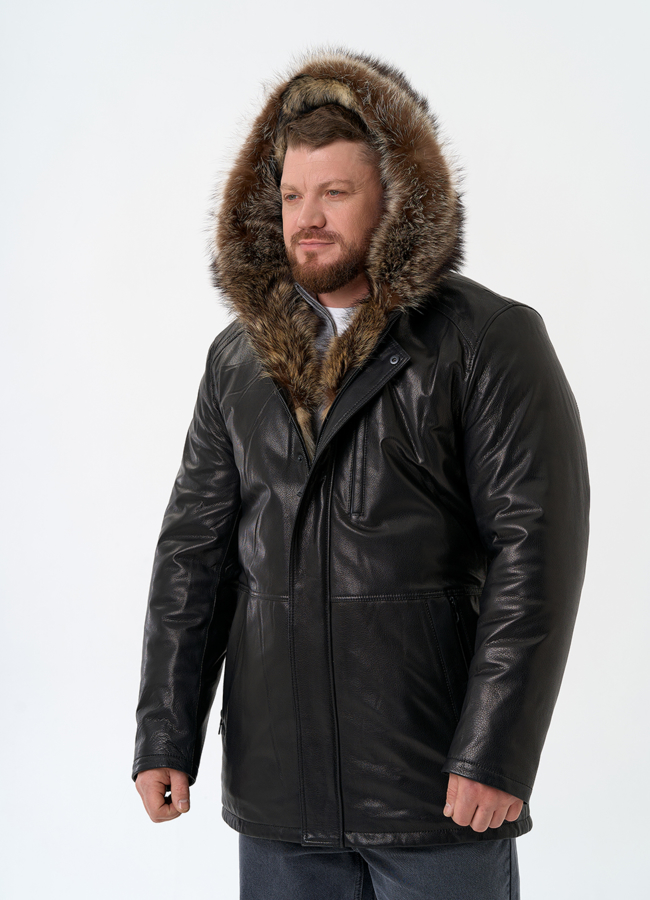 фото Мужская натуральная дубленка на волке с отделкой из меха енота модель № 26231