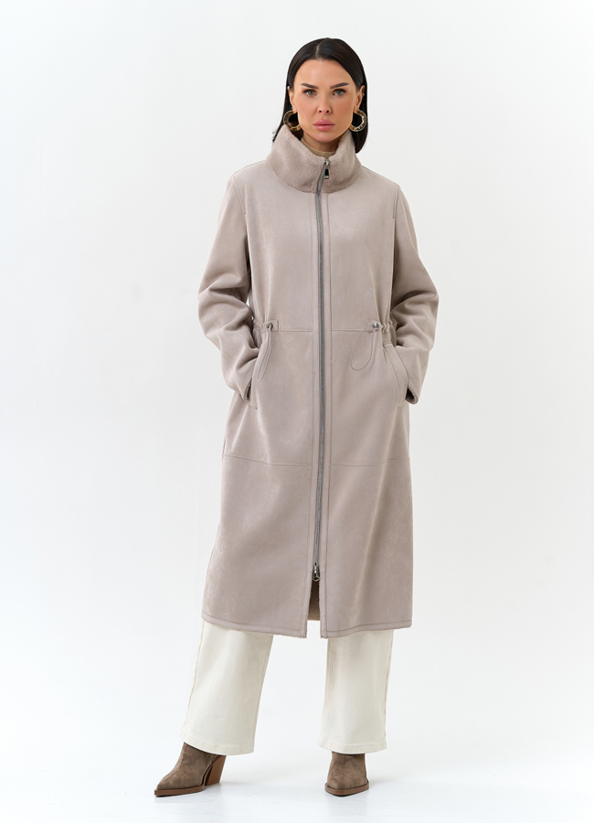 Светлая дубленка из эко замши модель № 32692 меха малина