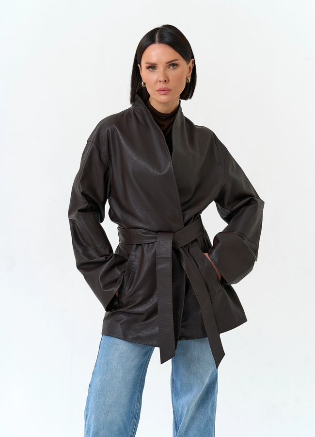 Женский жакет кимоно из натуральной кожи модель № 33116 меха малина