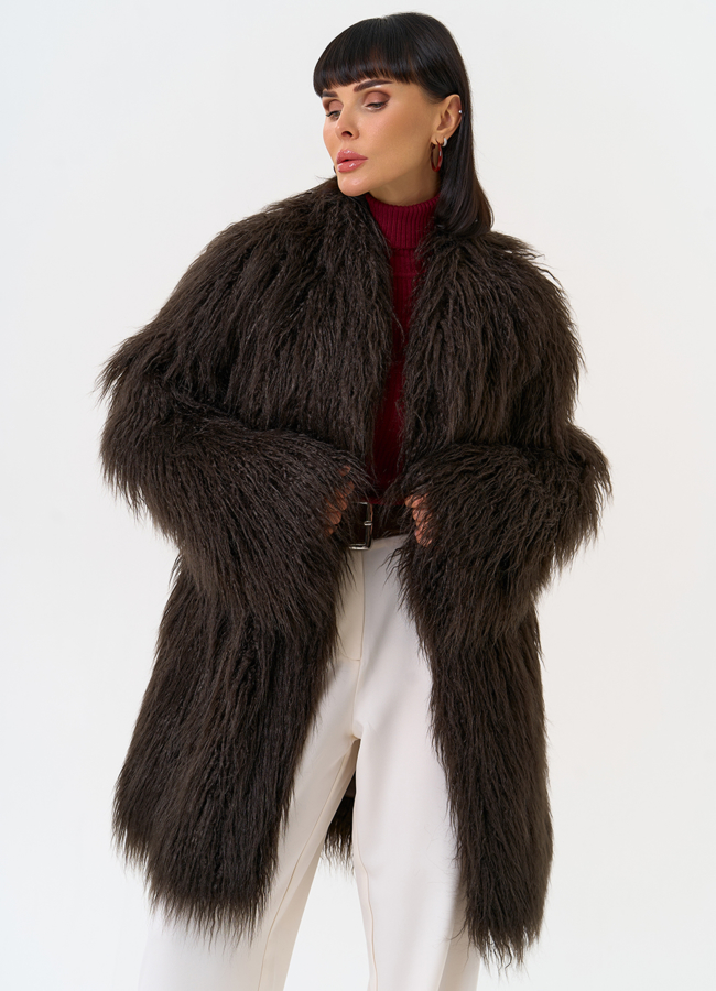 Женская шуба из эко меха коричневого цвета модель № 31530 универмаг малина