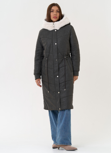 Женское пальто из эко кожи с капюшоном