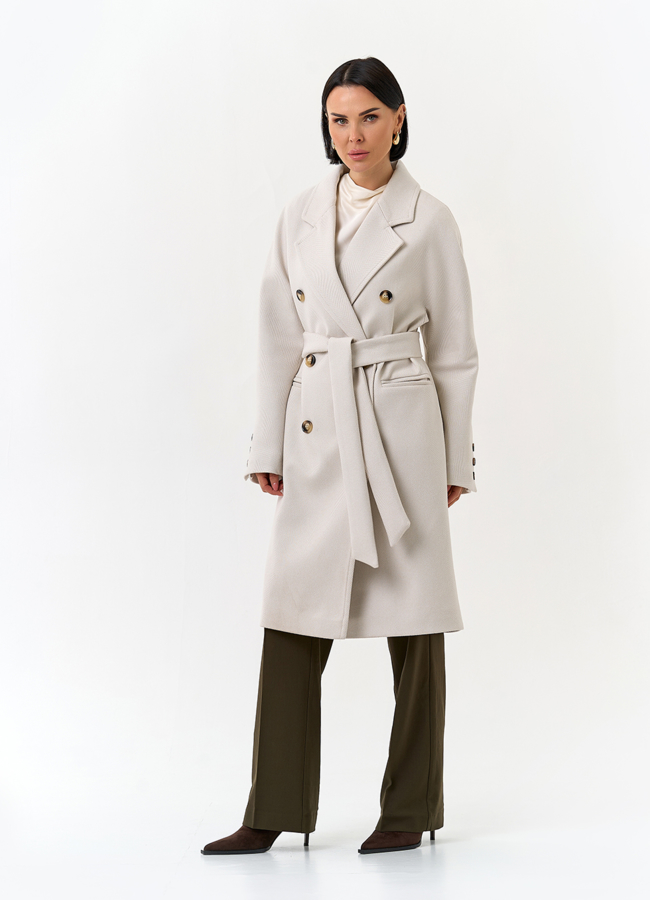 Светлое женское пальто с поясом модель № 32818 универмаг малина