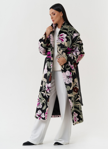 Пальто из эко меха с цветочным принтом