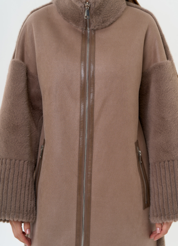 Женская двухсторонняя дубленка из эко замши с воротником стойкой