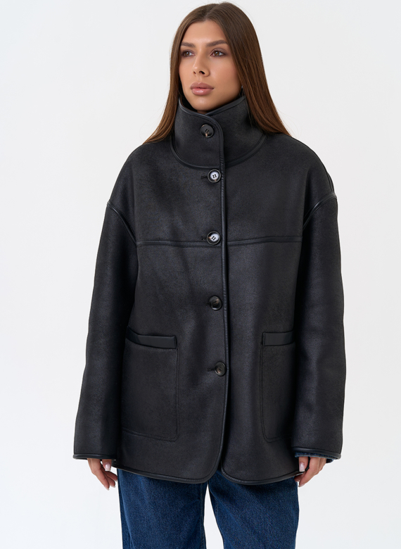 Женская двухсторонняя дубленка из эко замши в черном цвете