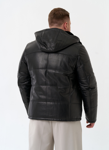 Мужской пуховик из натуральной кожи с капюшоном