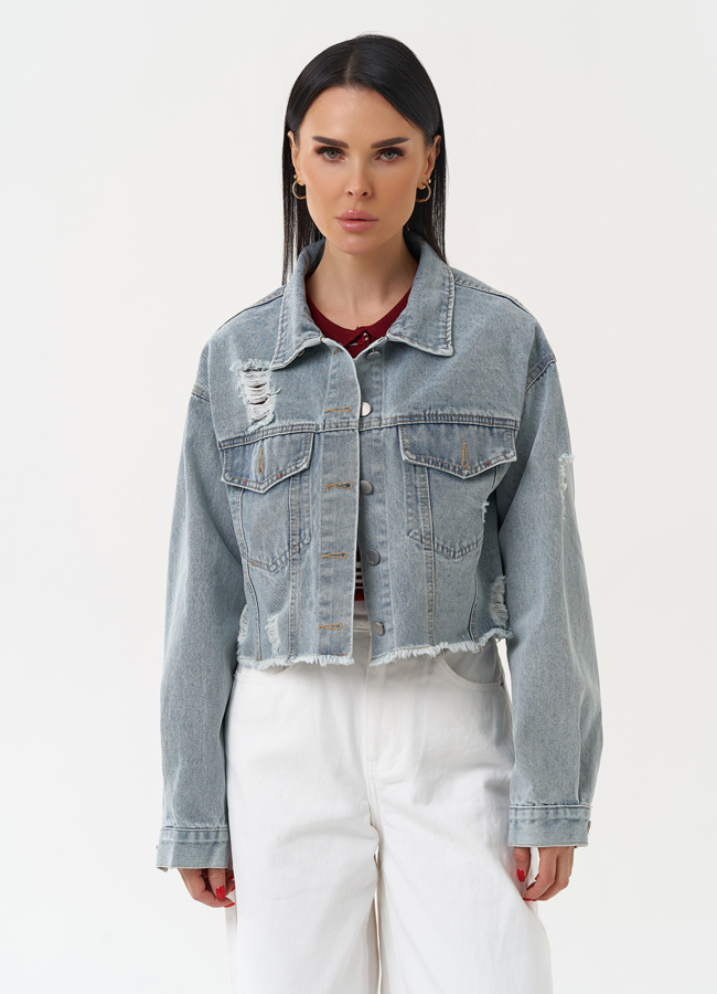 Женская укороченная джинсовая куртка модель № 30408 меха малина