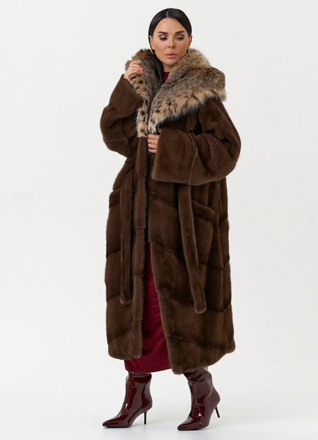 Женская шуба из меха норки с капюшоном из меха рыси модель № 31159 универмаг малина