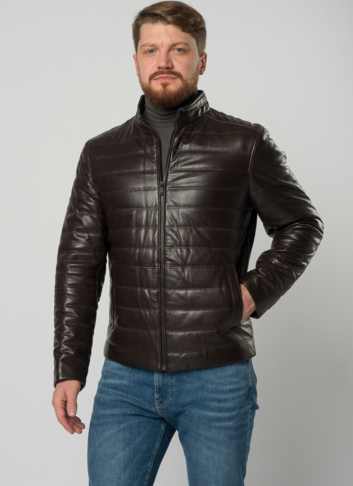 Мужская  утепленная куртка из натуральной кожи коричневого цвета