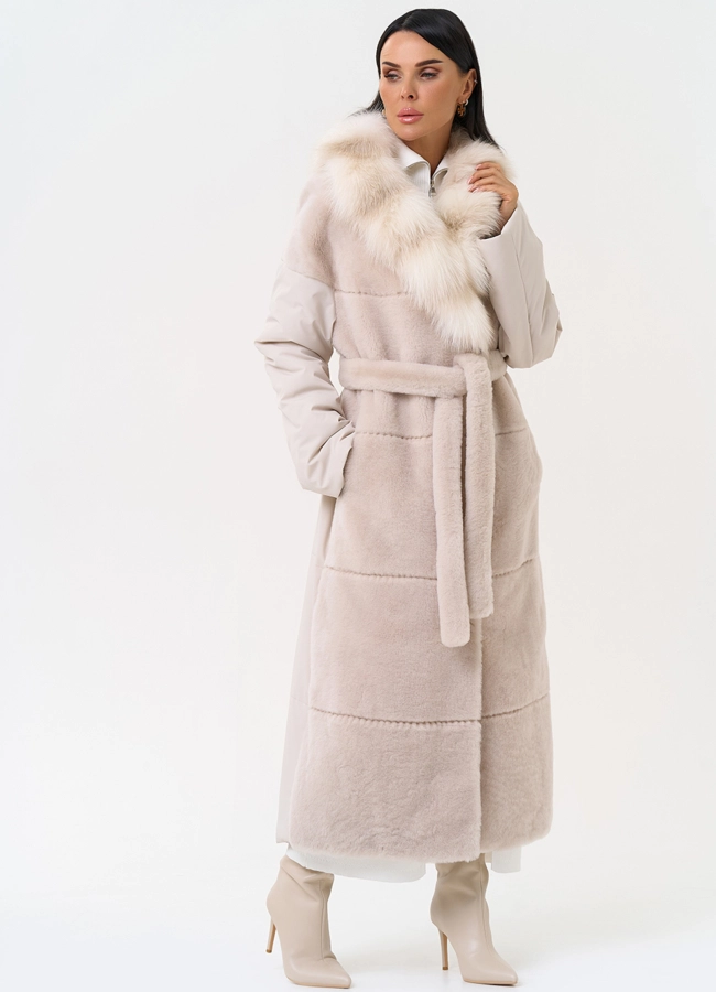 Комбинированное женское пальто из меха овчины с поясом модель № 31401 в рассрочку